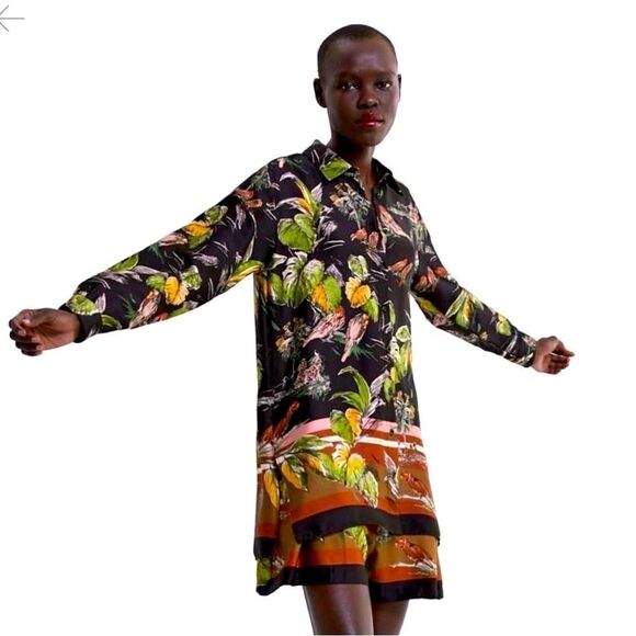 Zara Dresses & Skirts - 🌸ZARA BLACK LEAF AND PARROT PRINT COLLARED DRESS Size Small (AA4)